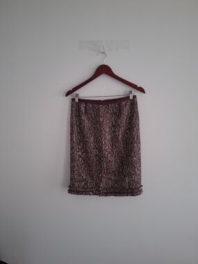 Talbots Tweed Pencil Skirt Burgundy Fringe Trim SZ 4P Petites